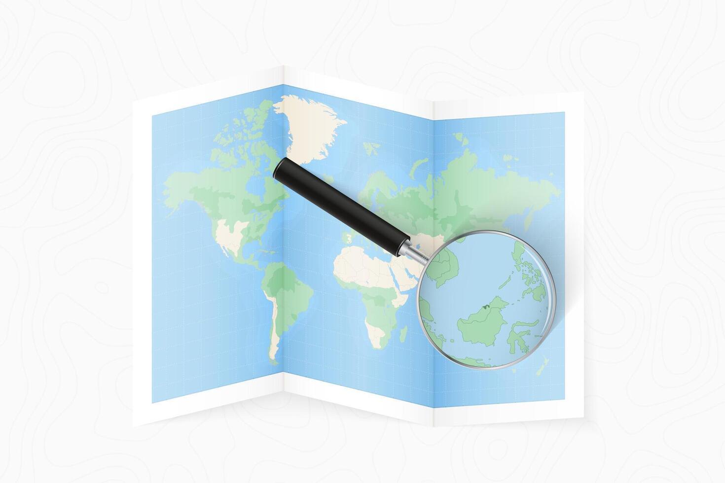 Enlarge Brunei with a magnifying glass on a folded map of the world. vector