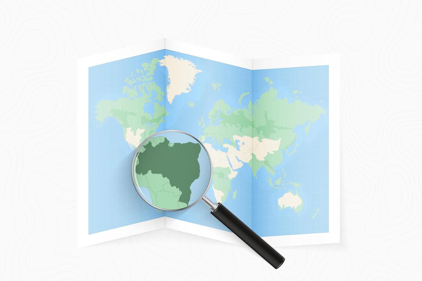 Enlarge Brazil with a magnifying glass on a folded map of the world. vector