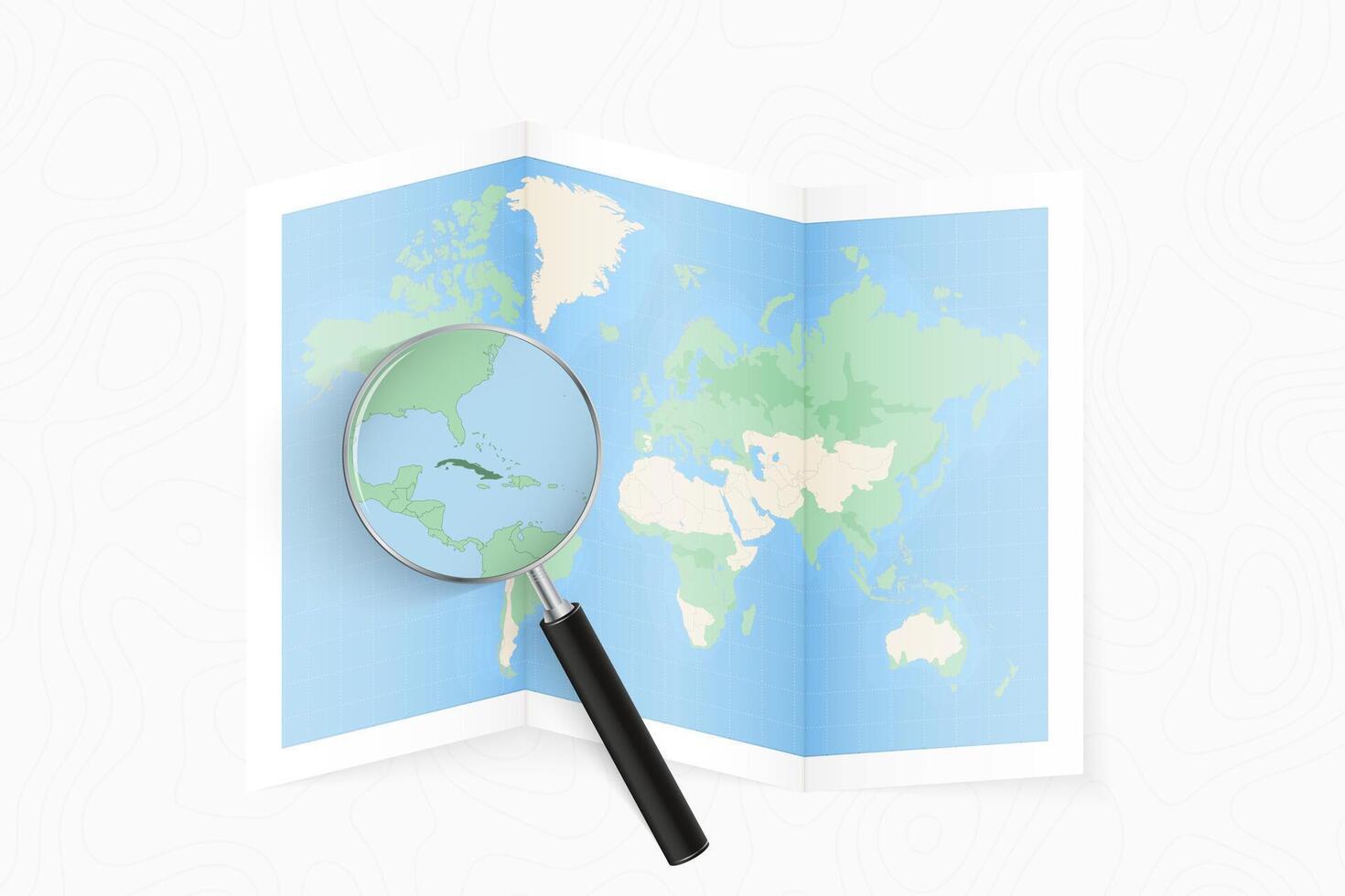 Enlarge Cuba with a magnifying glass on a folded map of the world. vector