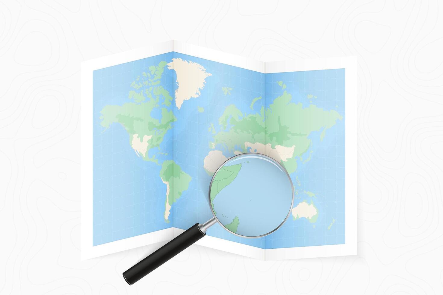 Enlarge Seychelles with a magnifying glass on a folded map of the world. vector