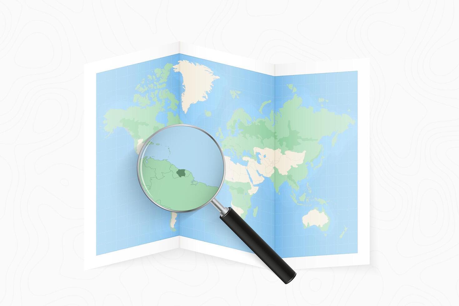 Enlarge Suriname with a magnifying glass on a folded map of the world. vector