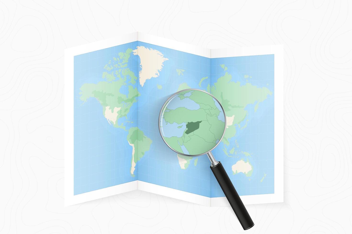 Enlarge Syria with a magnifying glass on a folded map of the world. vector