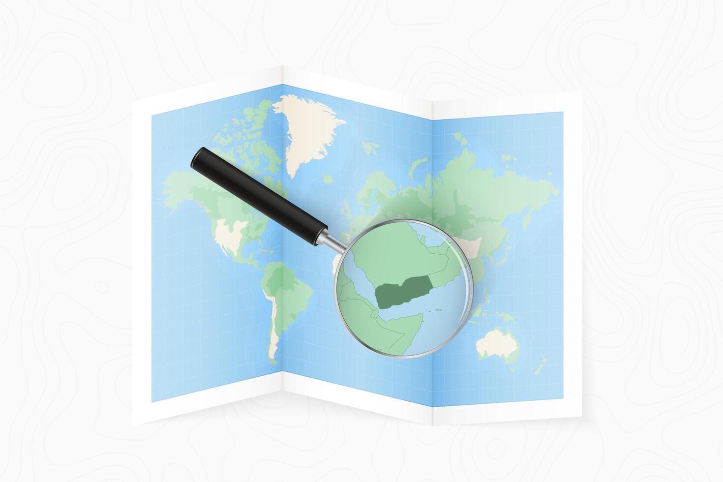 Enlarge Yemen with a magnifying glass on a folded map of the world. vector