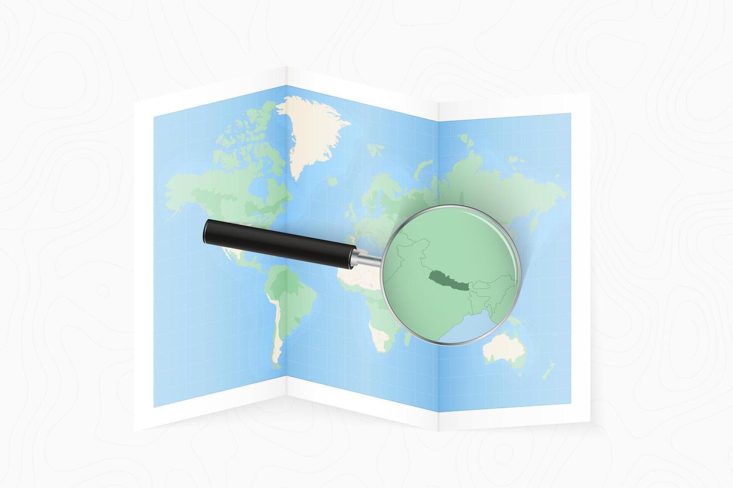 Enlarge Nepal with a magnifying glass on a folded map of the world. vector