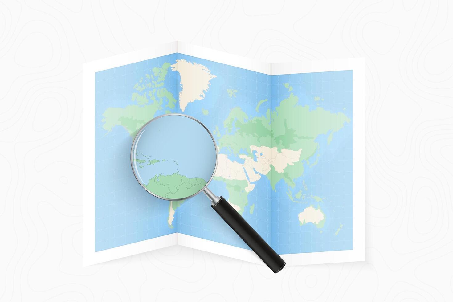 Enlarge Antigua and Barbuda with a magnifying glass on a folded map of the world. vector