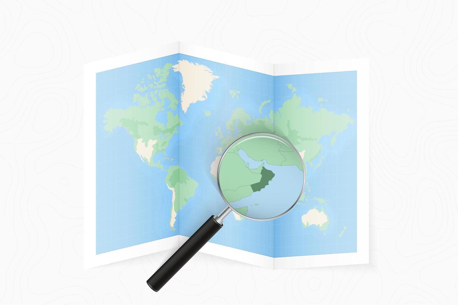 Enlarge Oman with a magnifying glass on a folded map of the world. vector