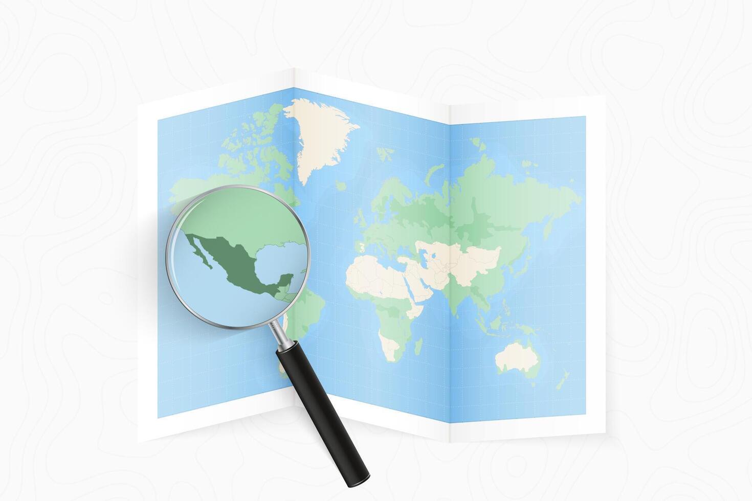 Enlarge Mexico with a magnifying glass on a folded map of the world. vector