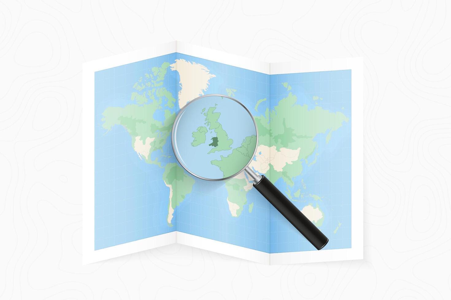 Enlarge Wales with a magnifying glass on a folded map of the world. vector