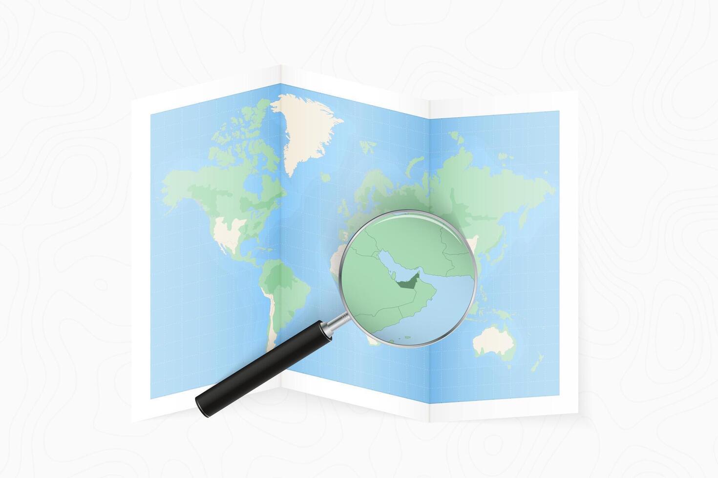 Enlarge United Arab Emirates with a magnifying glass on a folded map of the world. vector