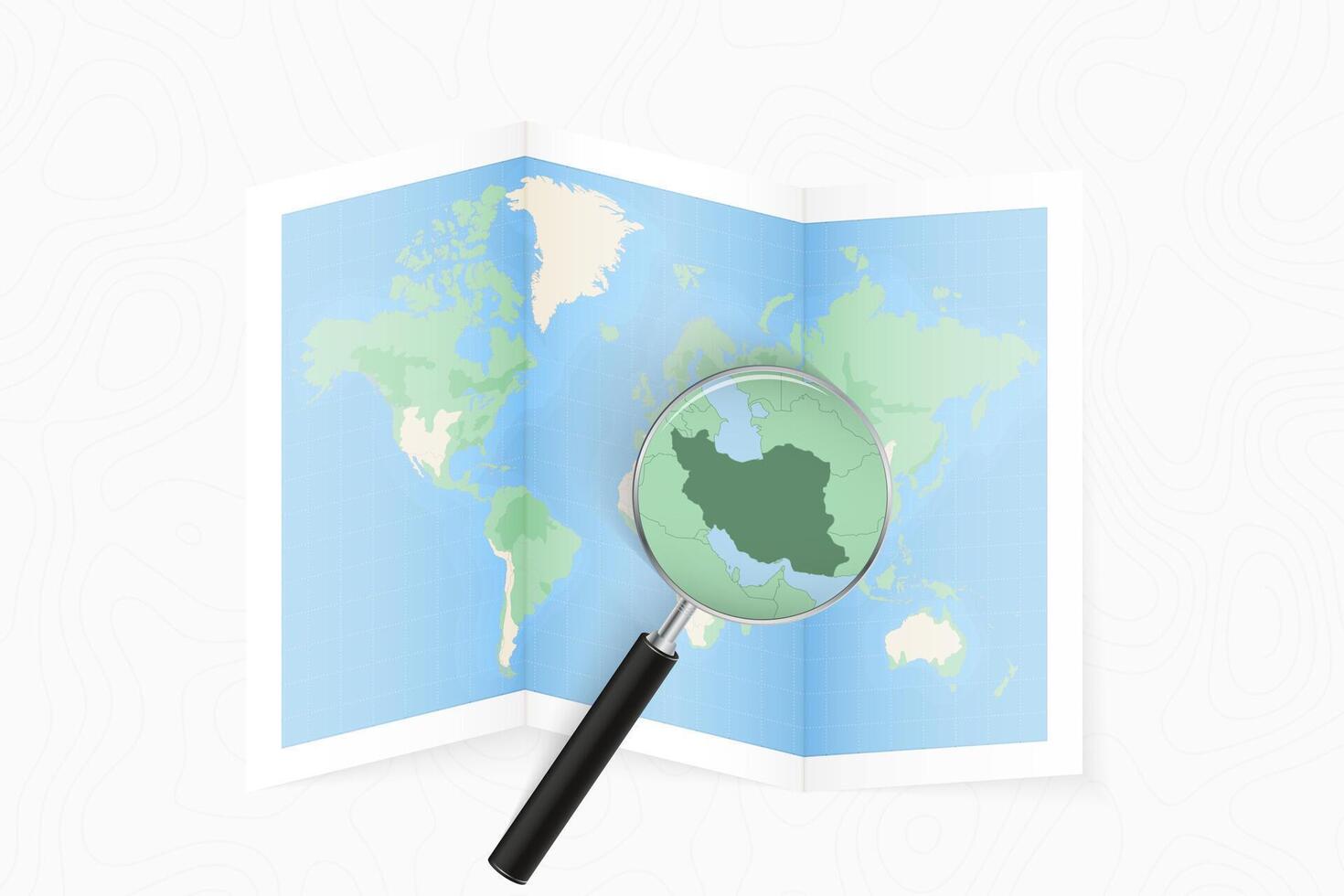 Enlarge Iran with a magnifying glass on a folded map of the world. vector
