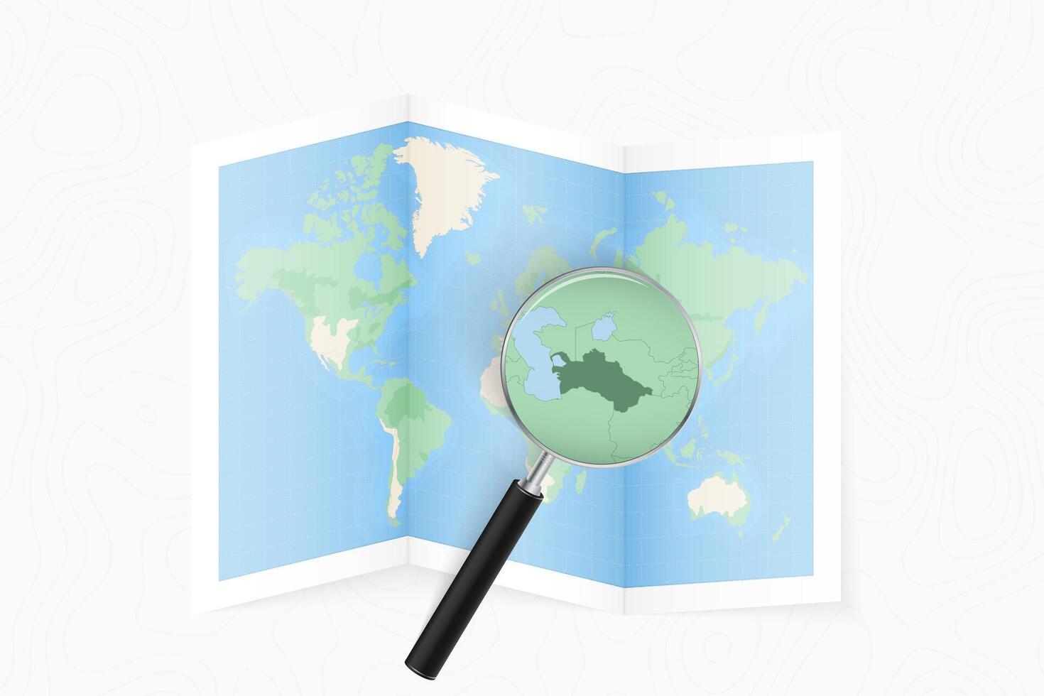 Enlarge Turkmenistan with a magnifying glass on a folded map of the world. vector