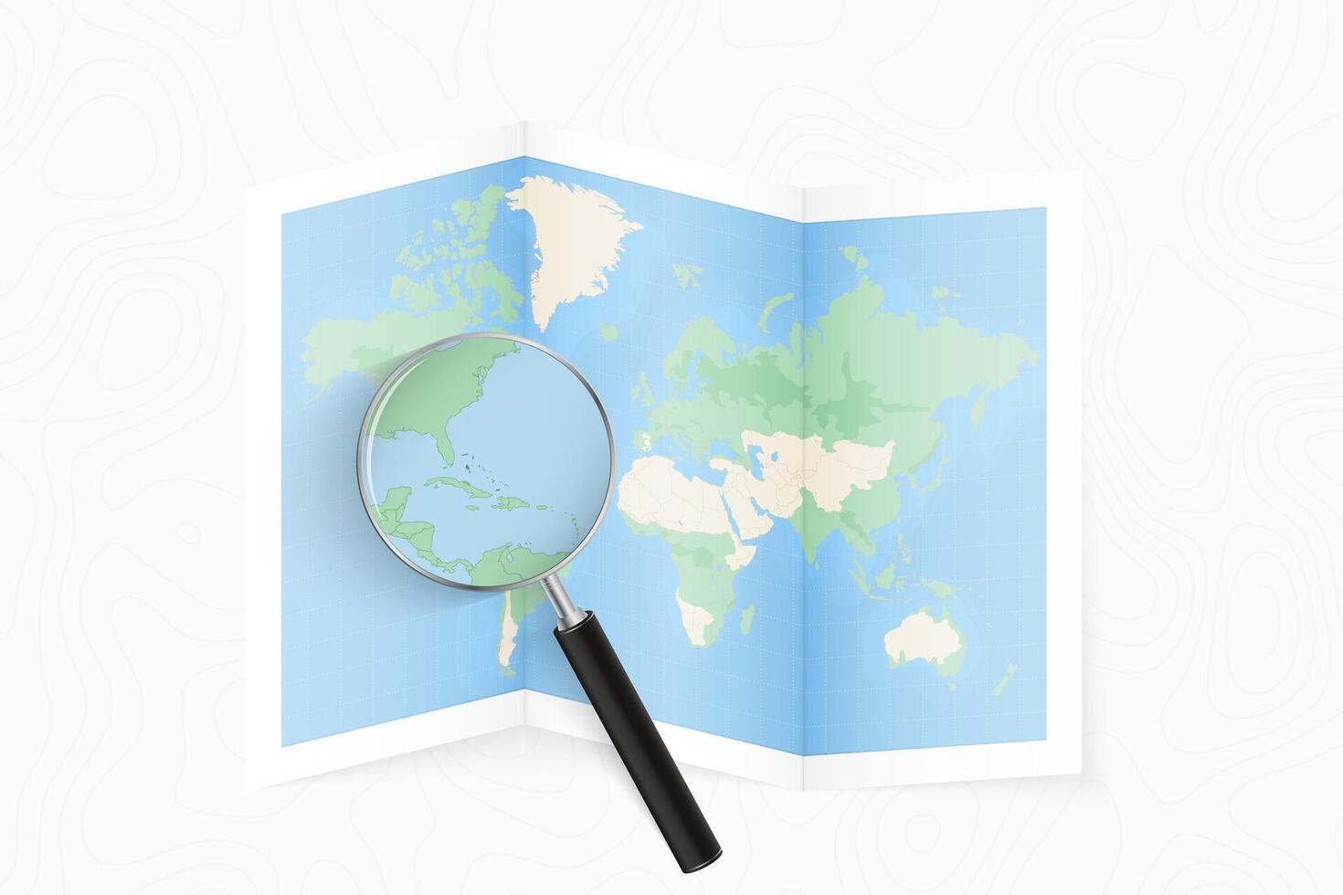 Enlarge The Bahamas with a magnifying glass on a folded map of the world. vector