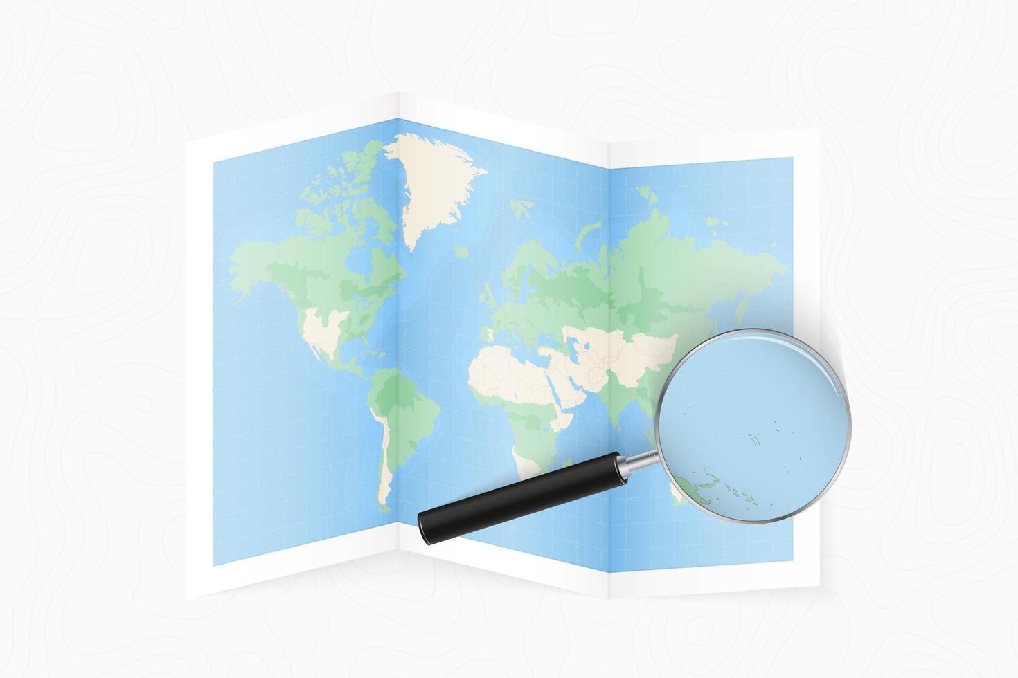 Enlarge Marshall Islands with a magnifying glass on a folded map of the world. vector
