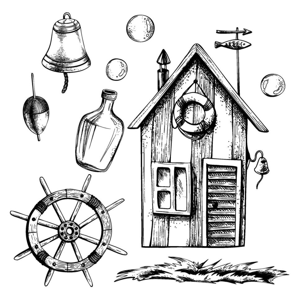 Fisherman s hut striped, wooden with ship s wheel, fishing float, bottle of rum, ship s bell, grass and bubbles. Graphic line art, hand drawn in black and white monochrome. Set of elements clipart. vector