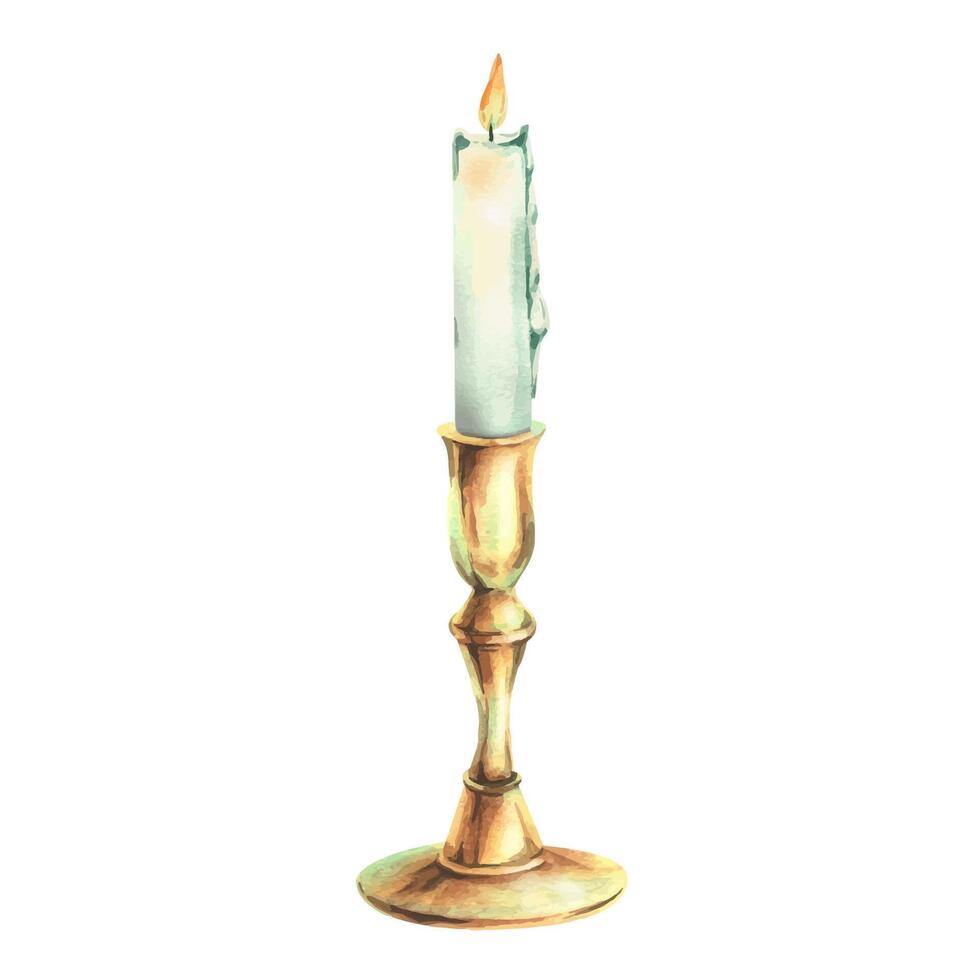 Candlestick tall, copper, bronze with a white burning candle with wax drips, antique, retro, vintage. Watercolor illustration hand-drawn. A separate object isolated from the background. vector