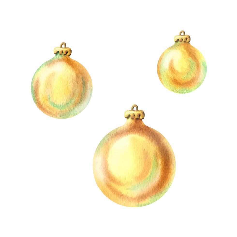 New Year s balls round gold with a fastening for hanging, shiny, voluminous, simple, different sizes. Watercolor illustration drawn by hand. Set of individual elements isolated from the background. vector