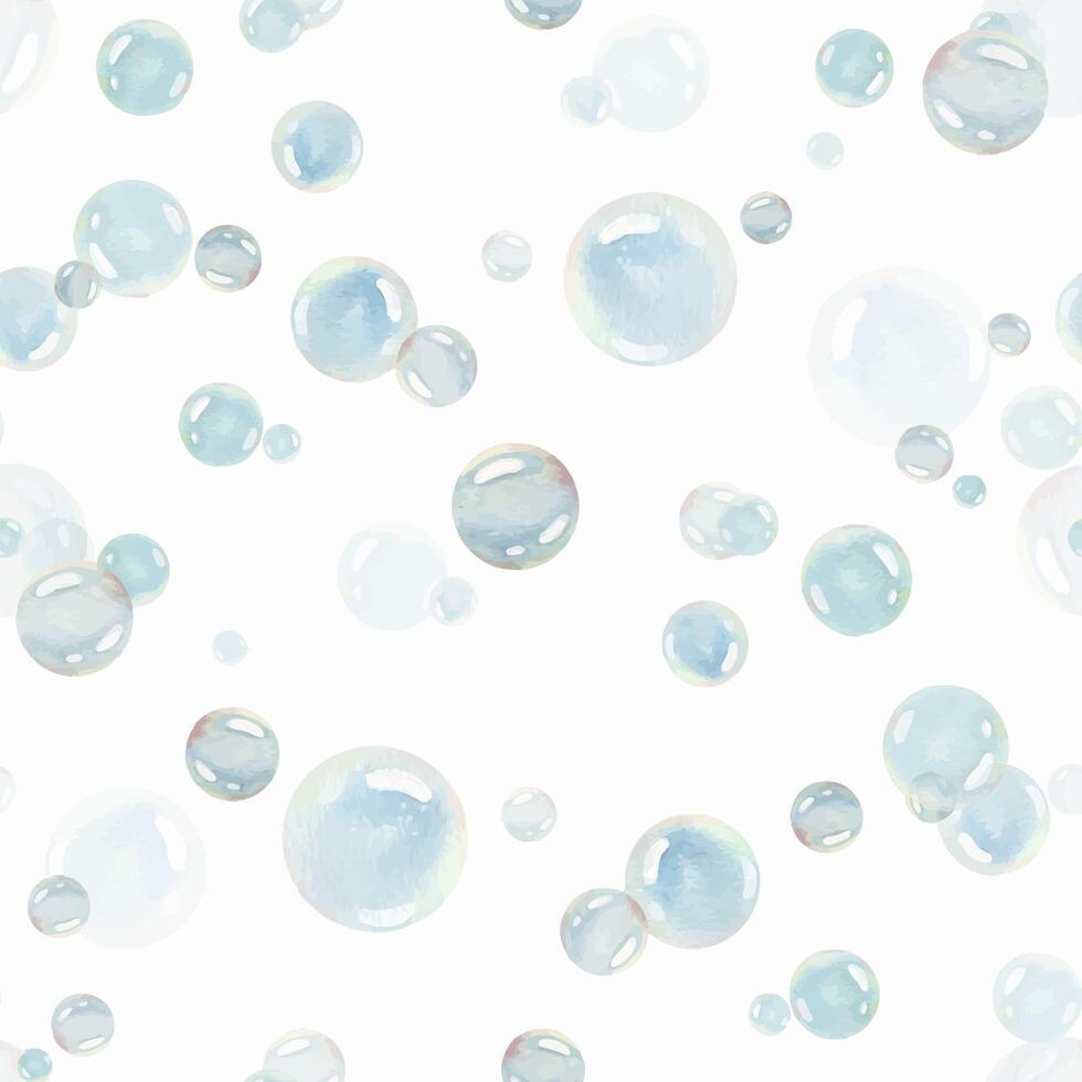 Blue water bubbles of different sizes and tones in a chaotic order. Watercolor illustration drawn by hand. Seamless pattern, endlessly repeating ornament, on a white background vector