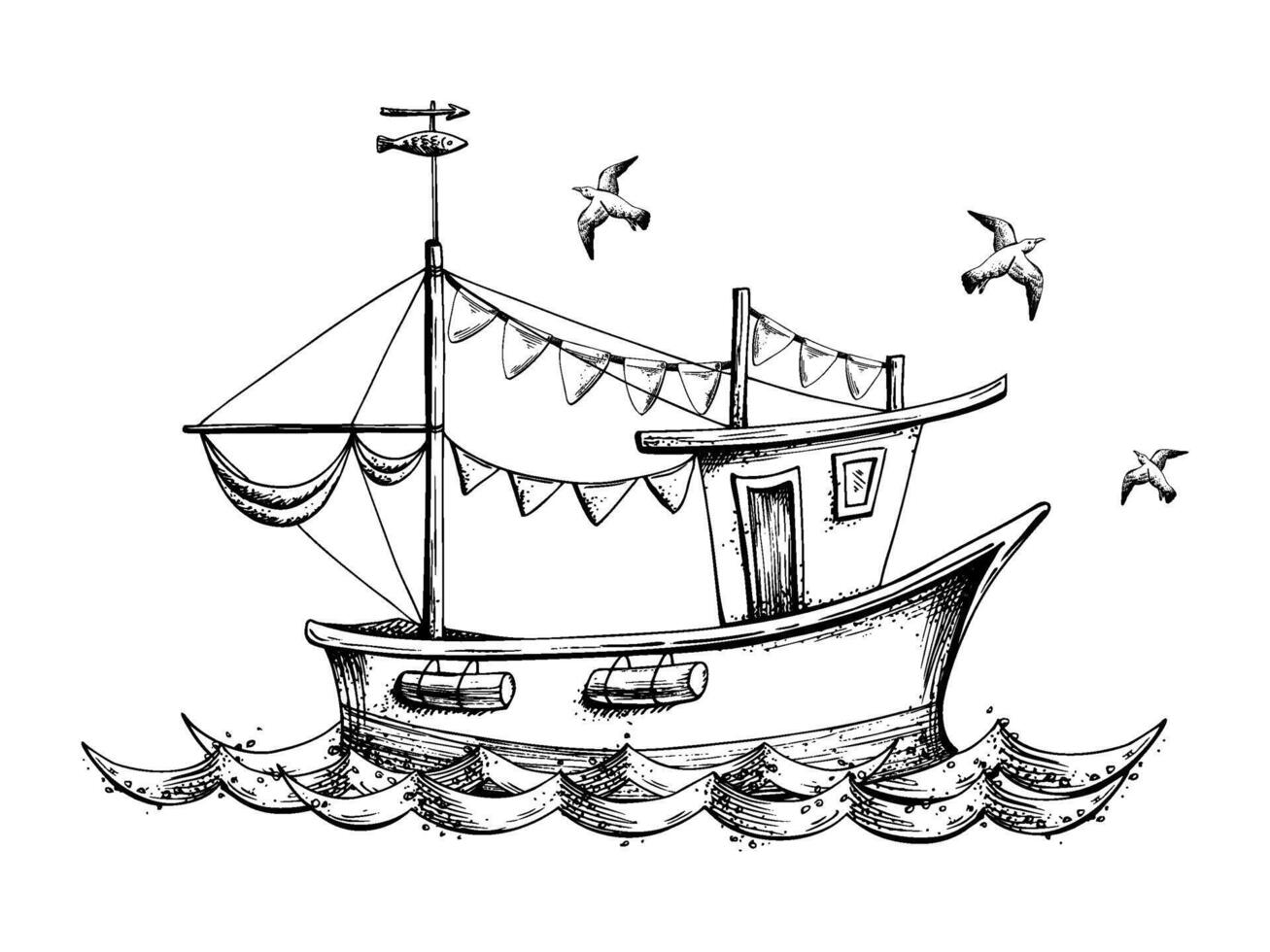 Fishing boat sailboat with garland of flags floating on sea waves with flying seagull. Graphic line art hand drawn in black and white monochrome. Marine nautical composition. vector