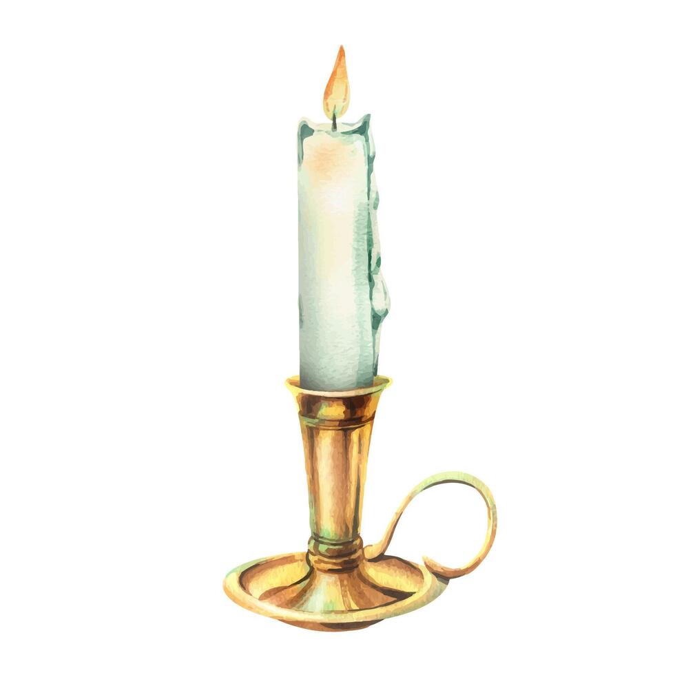 Candlestick with handle gold, copper, bronze with white burning candle with wax drips, antique, retro, vintage. Watercolor illustration hand-drawn. Separate object isolated from background. vector