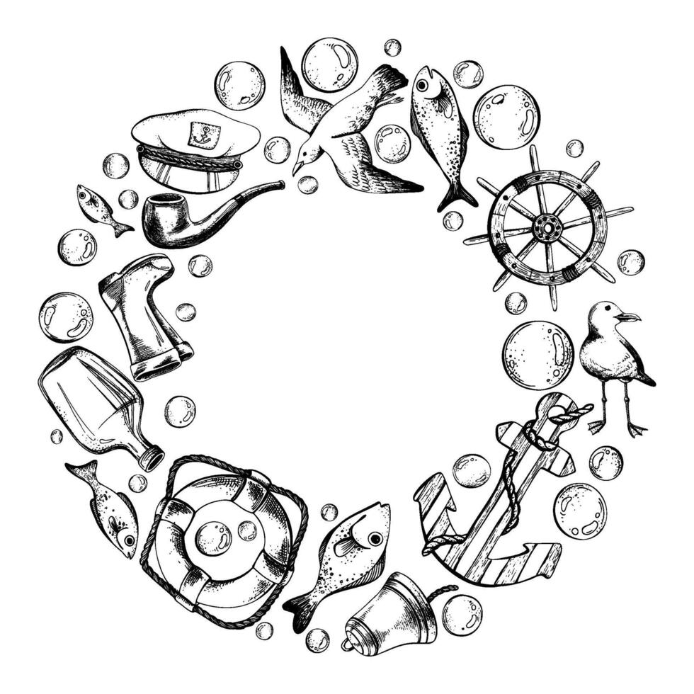Steering wheel, lifebuoy, sea gulls, captain s cap, fish, water bladders, anchor, bottle of rum, tobacco pipe, ship s bell. Graphic line art hand drawn in black and white monochrome. Round frame vector