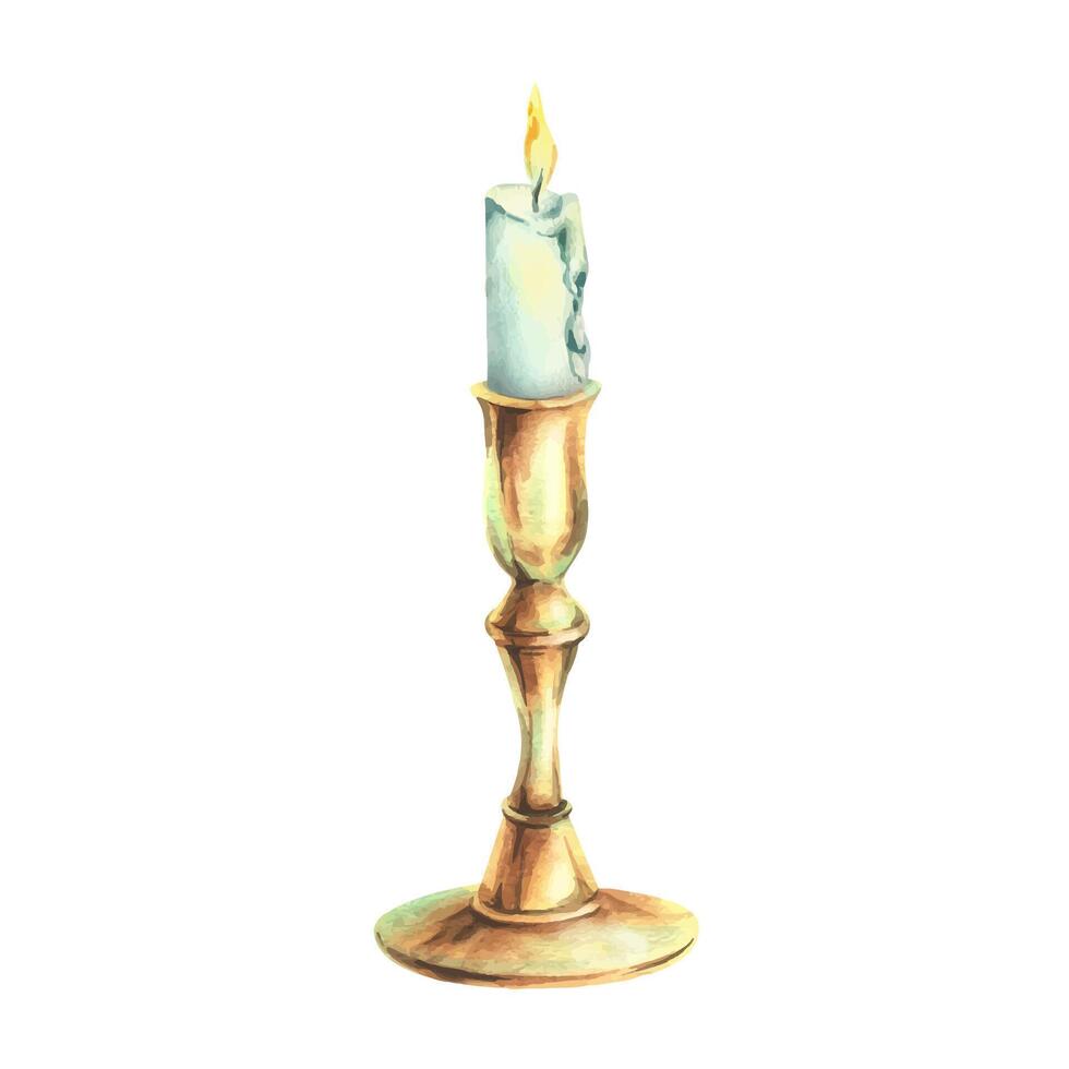 Candlestick tall, copper, bronze with a white burning candle with wax drips, antique, retro, vintage. Watercolor illustration hand-drawn. A separate object isolated from the background. vector