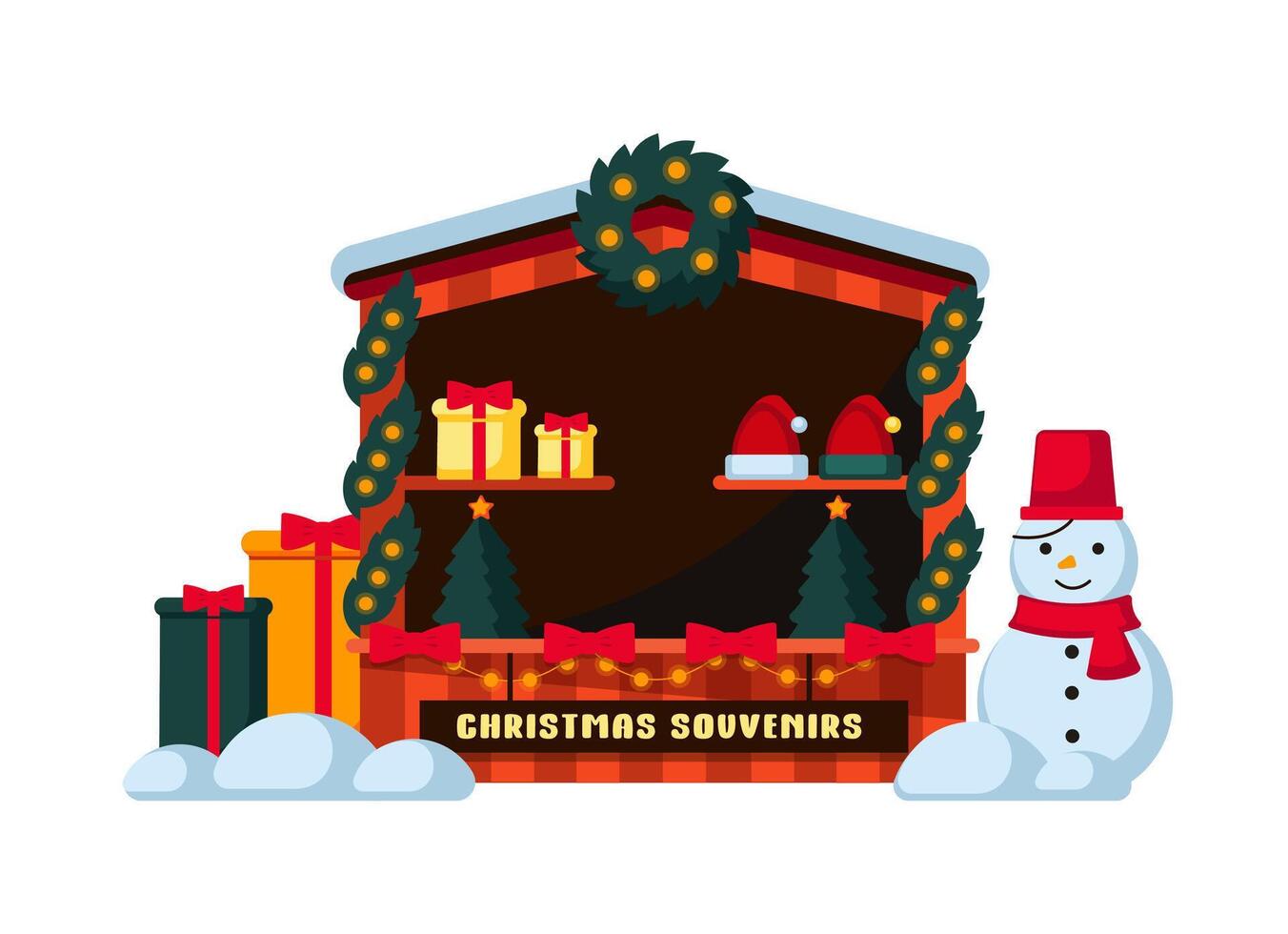 Christmas souvenirs Kiosk, New Year holidays small shop on the market vector