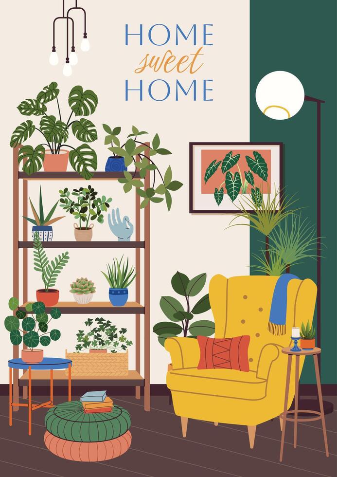 Housewarming party invitation or greeting card. New home celebration, postcard design with cozy interior scene and potted plants. Home sweet home. Flat banner illustration. New place to live in vector