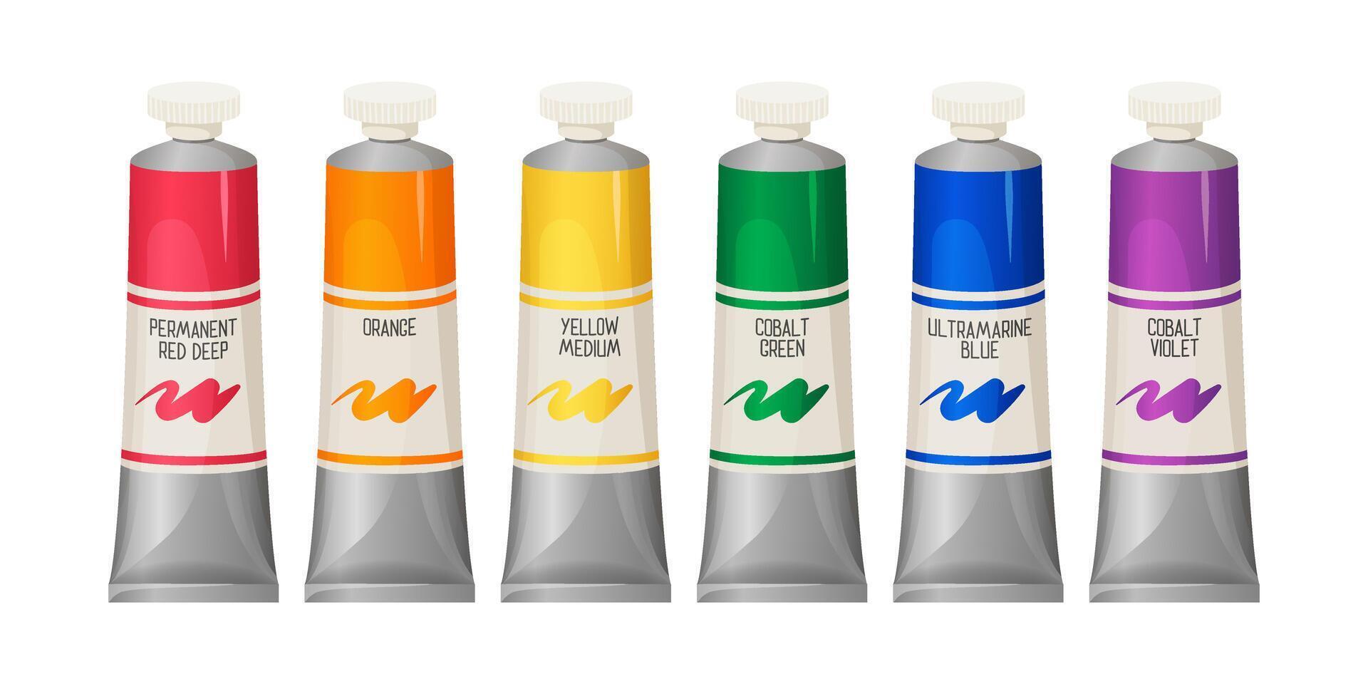 Paint tubes of different colors set. Colorful oil, acrylic, or watercolor paint tubes for painting. Artistic paint tubes with basic colors. Cartoon illustration isolated on a white background. vector