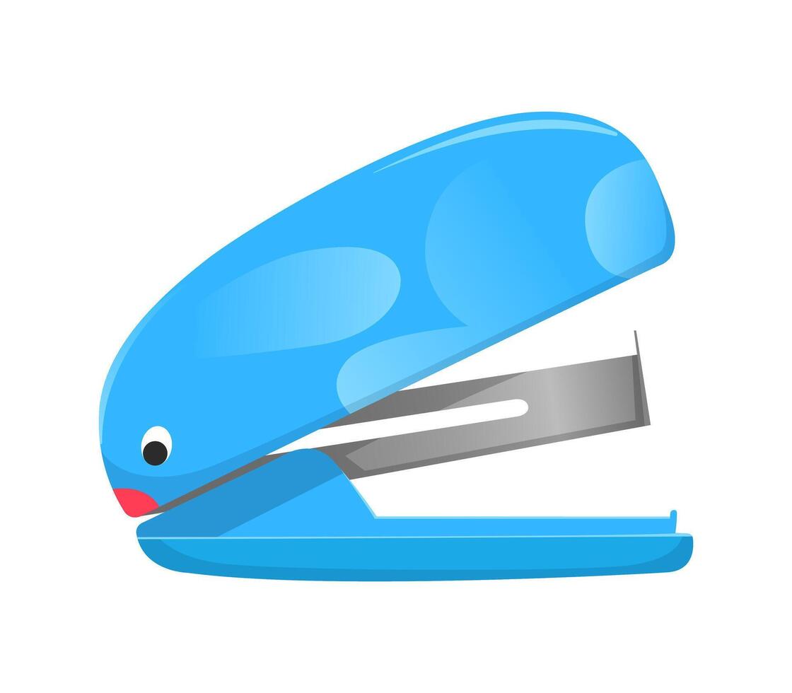 Blue stapler school supply illustration. Cute school stapler with a bunny character. Modern childish stapling equipment for paper. Cartoon illustration isolated on a white background. vector