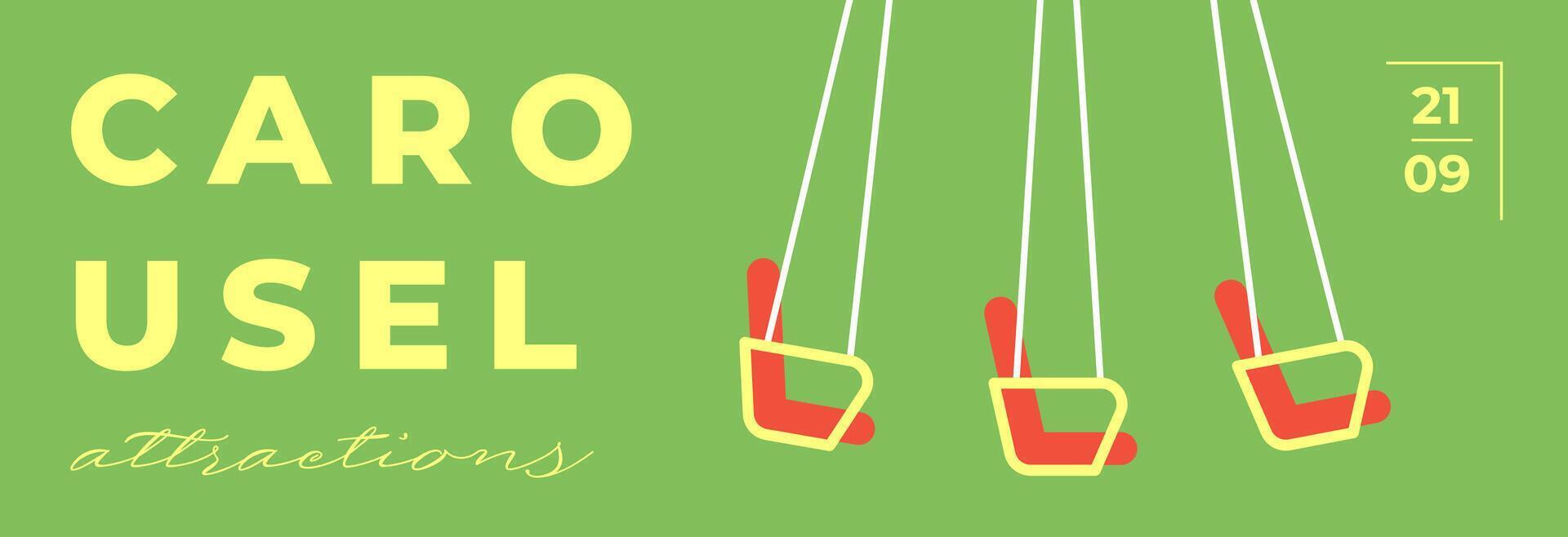 Amusement park festive minimal trendy horizontal banner with children attraction rotating carousel. Carnival funfair minimalistic creative design flyer. Summer holiday fun fair festival flat card vector
