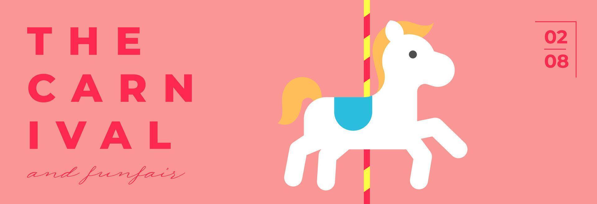 Amusement park festive minimal trendy horizontal banner with merry-go-round. Carnival funfair minimalistic creative design flyer with children attraction carousel. Fun fair festival flat eps billboard vector