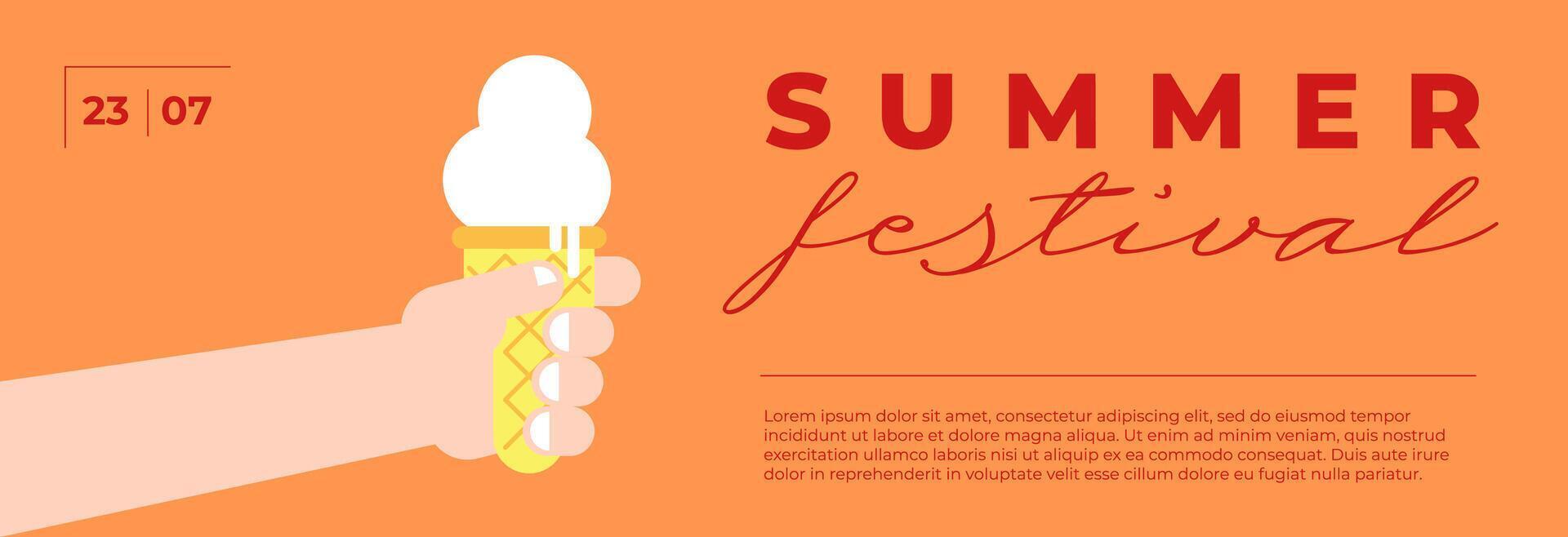 Summer festival minimal trendy horizontal banner with ice cream in hand. Carnival funfair minimalistic creative design flyer. Holiday fun fair festive simple flat eps greeting card template vector