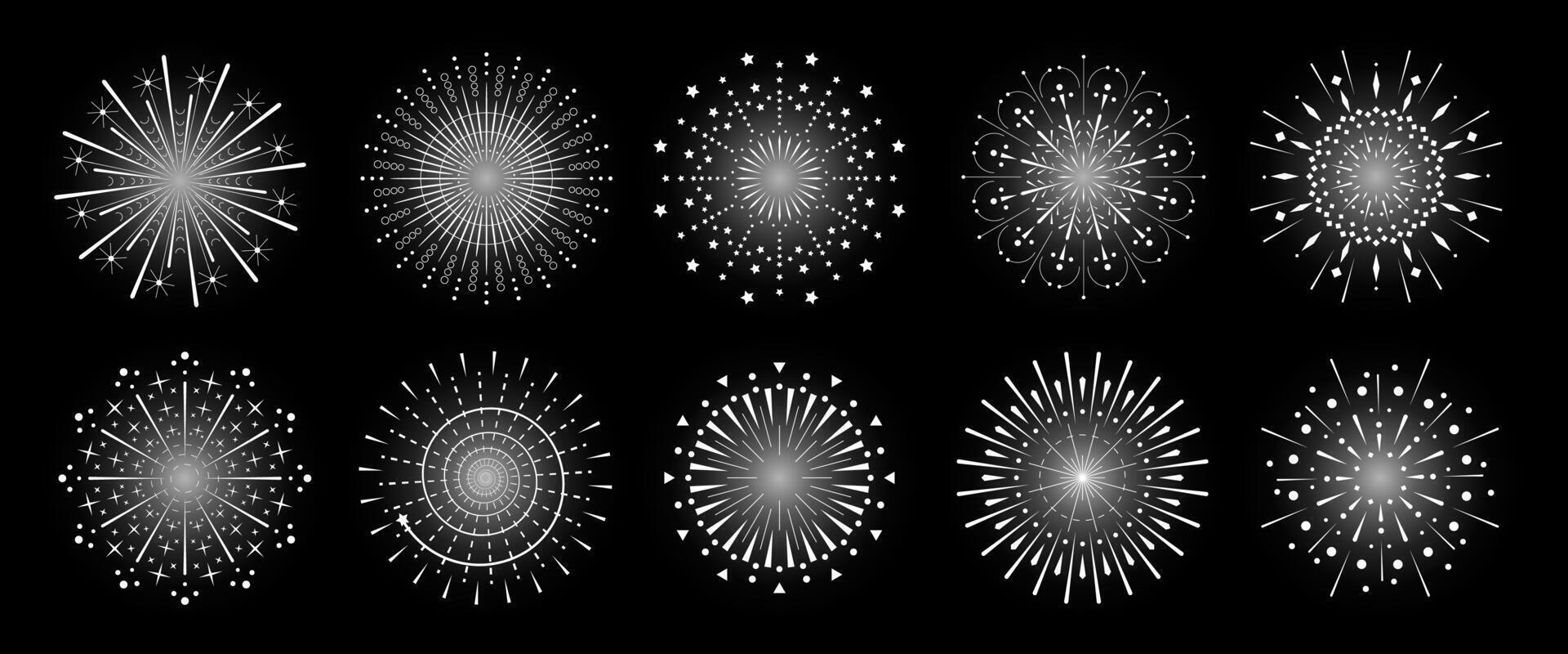 Firework sparkle ray set. Radiant sunburst abstract collection. Different shine sunrays or fireworks sparkles rays. Sunlight circle graphic eps elements. Multiple sun light burst on black background vector