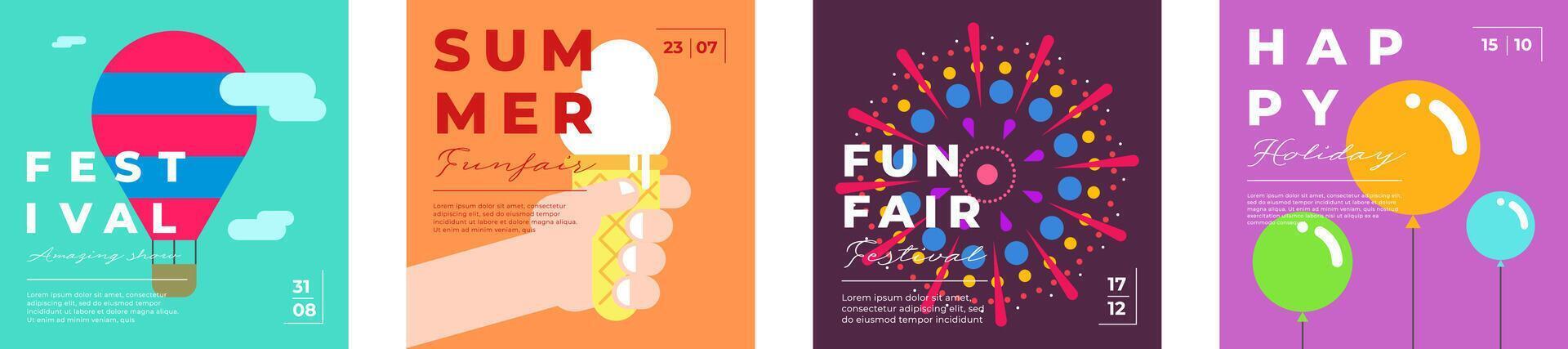Amusement park festive minimal trendy square banner set. Hot air balloon and fireworks flyer. Ice cream on carnival funfair greeting card creative design. Fun fair festival simple modern eps cover vector