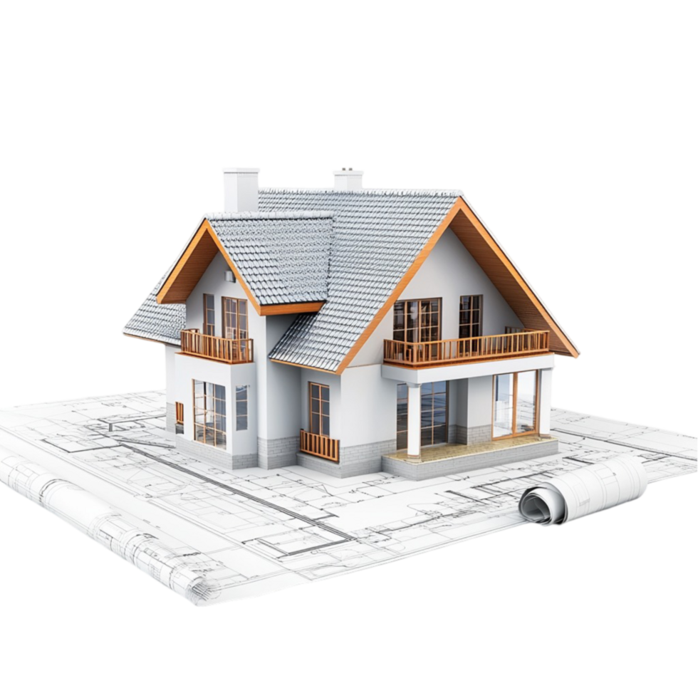3D House on Blueprint AI-Generative png