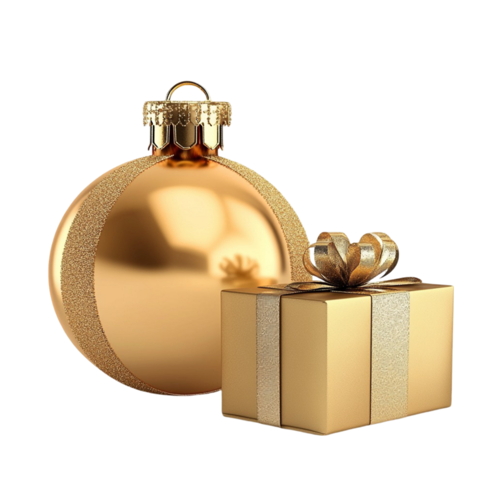 Gold Christmas Ball and Gift AI-Generative png