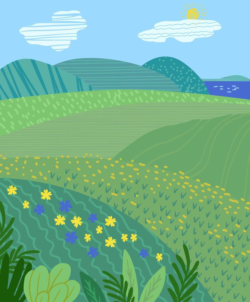Summer meadow landscape with flowers modernillustration for poster, postcard, flyer, invitation design. vector