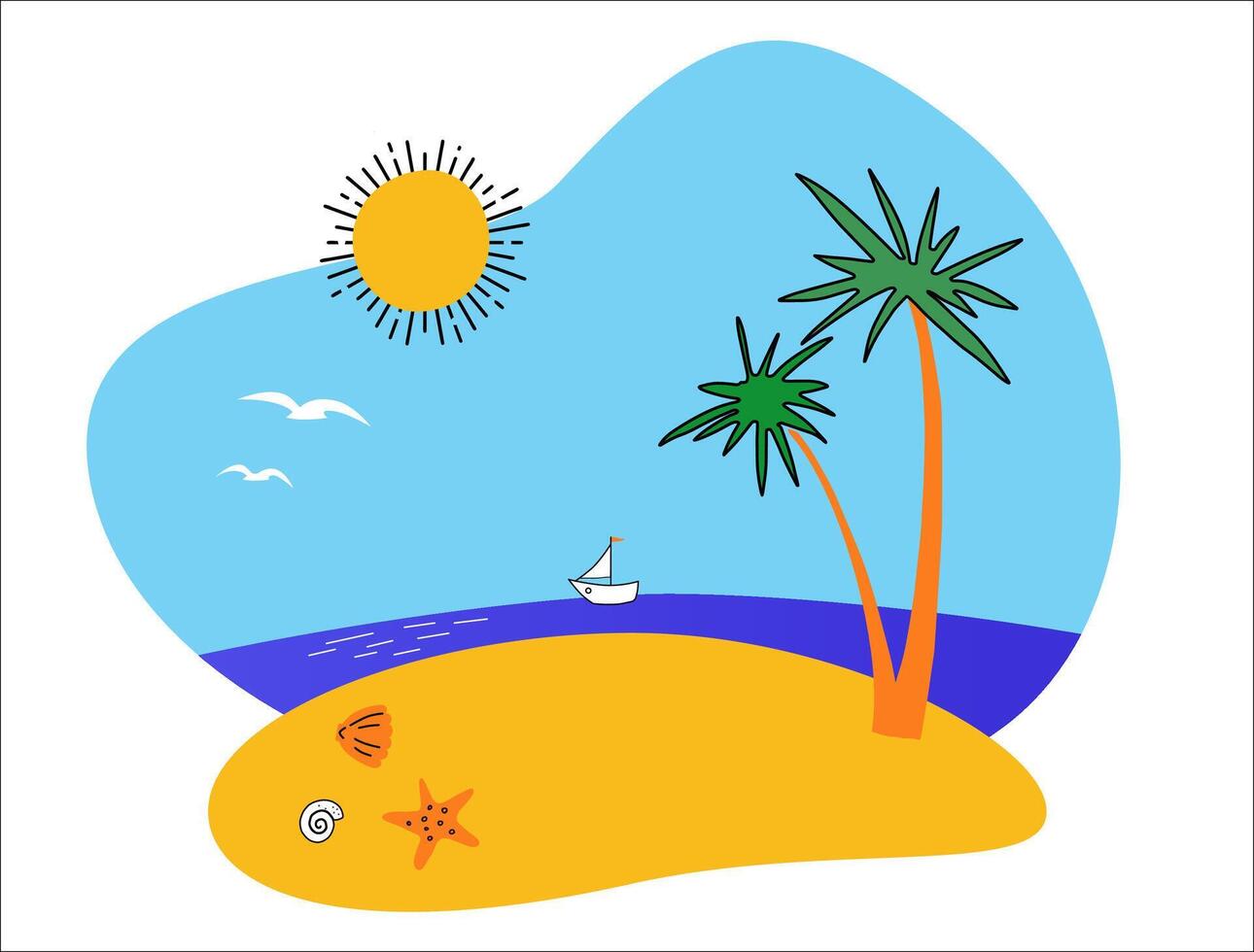 ideal island illustration with sand, palm tree, sea star, shells, calm sea, ship, seagull, sun shining. Idealized image of paradise island for beach holidays, tourism, children's pictures, poster vector
