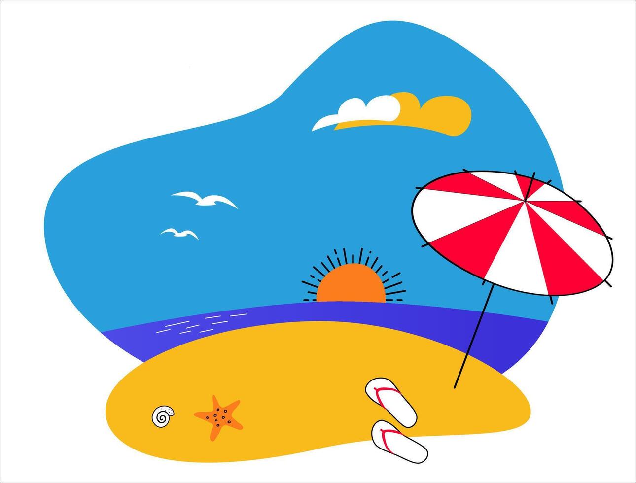simple illustration of a sandy beach at sea, sunset, evening with umbrella and flip flops, summer background for poster, banner, postcard on the theme of holiday, trip, vacation vector