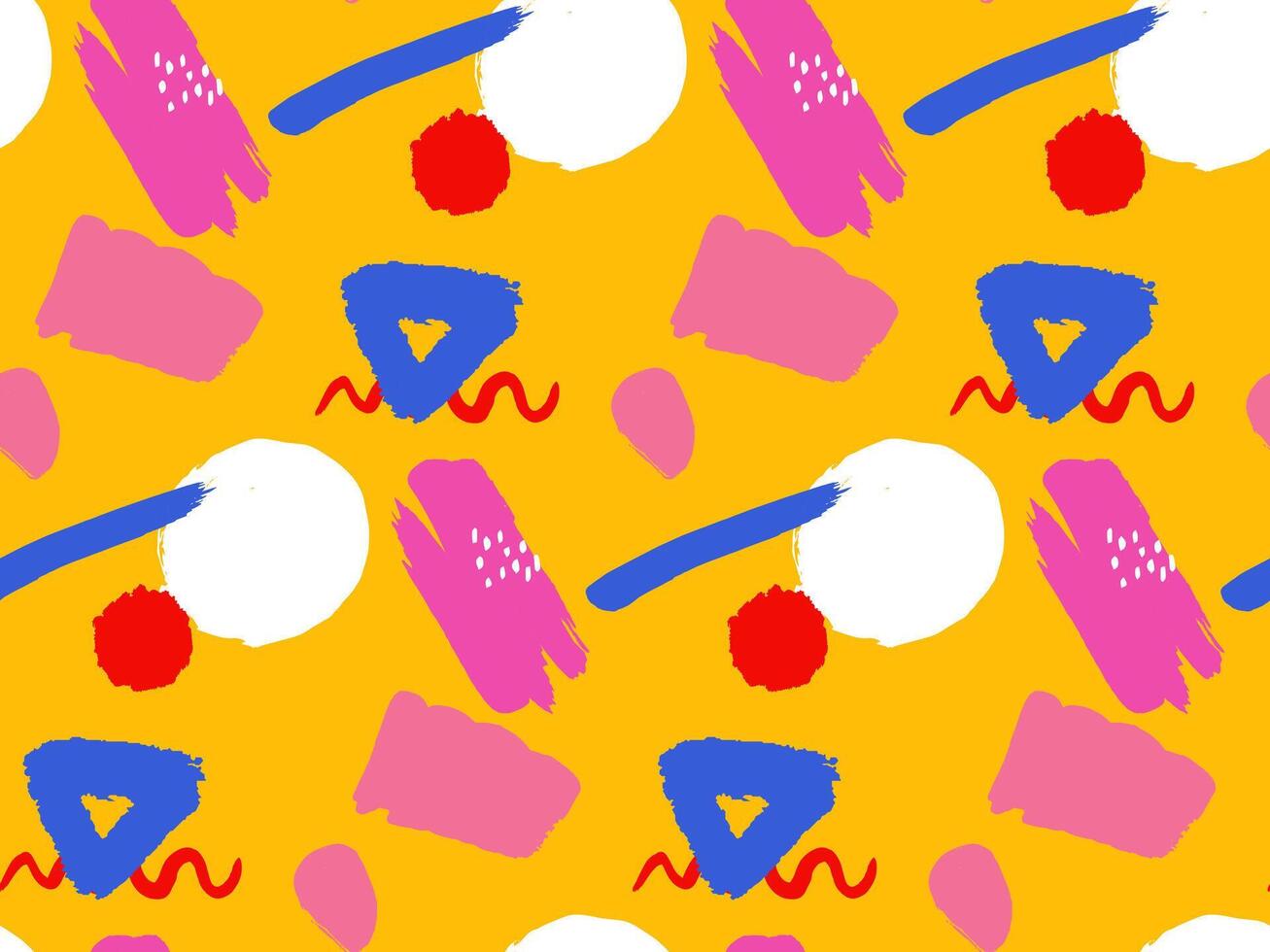 colorful shapes seamless pattern on yellow background, neo-fauvism, 80s, messy brush strokes, repeating fabric texture, holiday summer background vector
