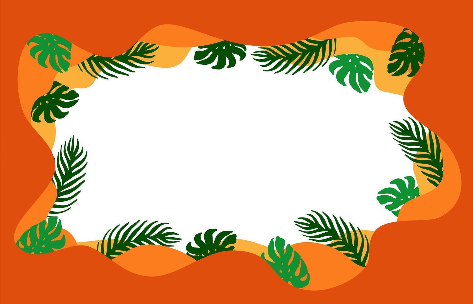 Orange color frame with green monstera leaves surrounding copy space. Bright, playful summer tropical waves background for poster, postcard, flyer, invitation design. vector