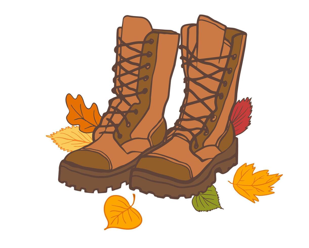 autumn illustration with high hiking boots and fallen leaves. autumn mood picture for postcard, banner, poster, evoke cozy, outdoor vibes vector