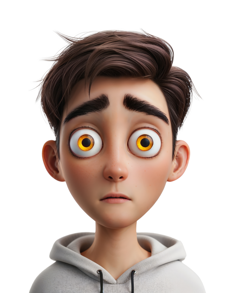 3D animated character with wide eyes and surprised expression, Transparent Background png