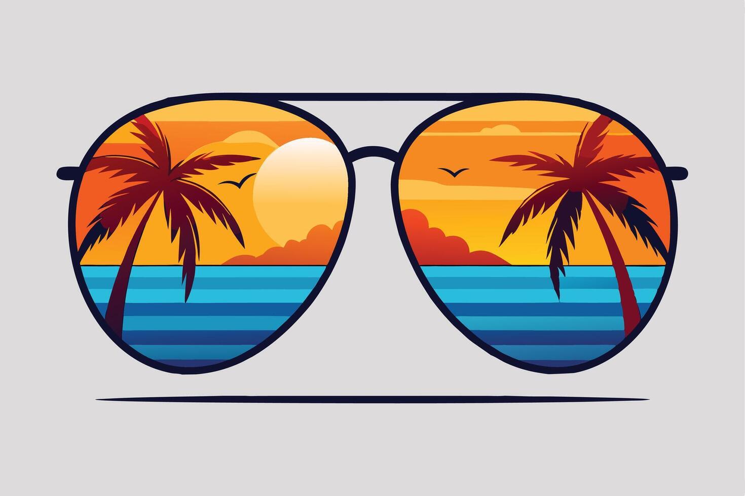 Oversized Aviator Sunglasses - Beach Scene Reflection with Orange Sunset Gradient vector