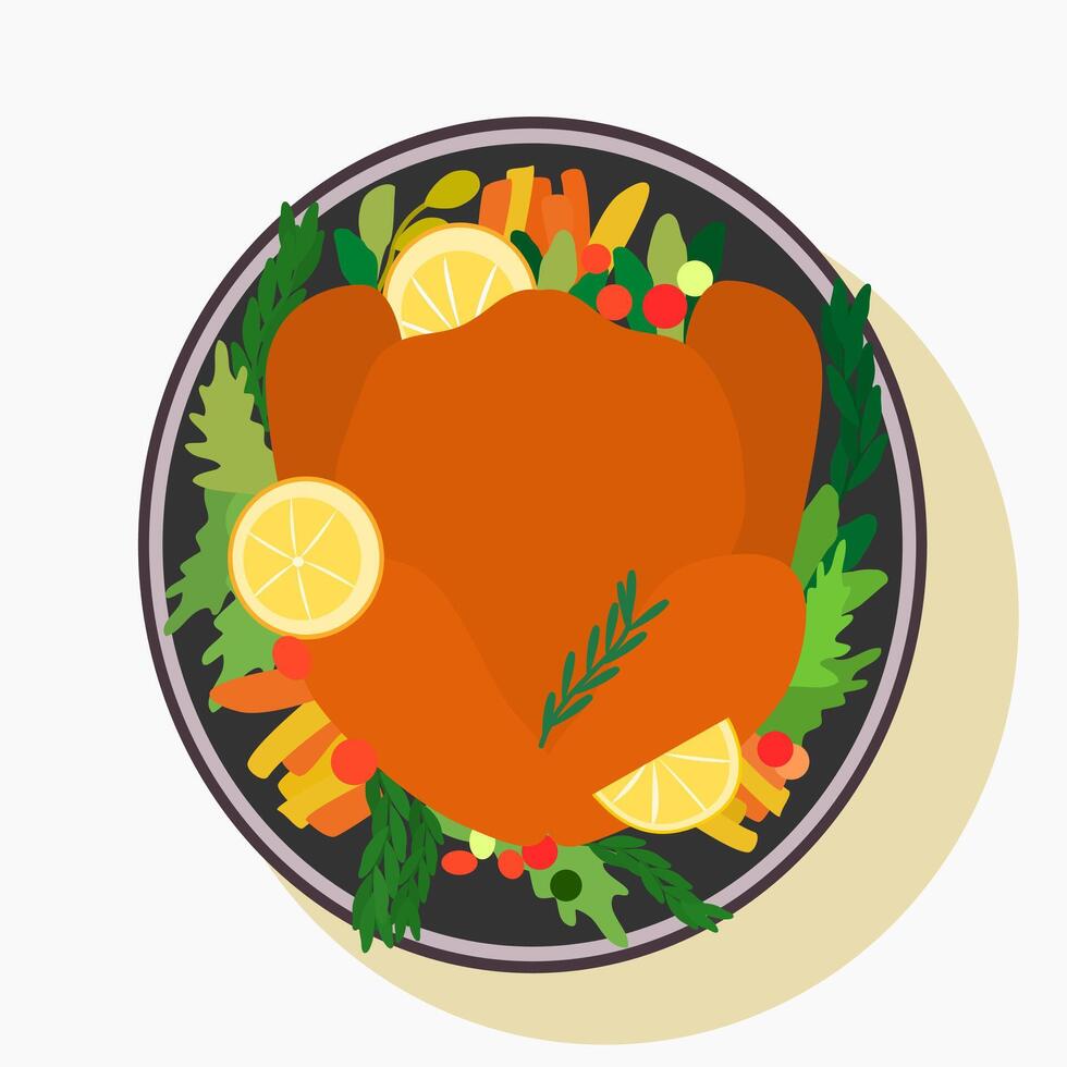 a turkey is shown on a plate with vegetables and lemon slices vector