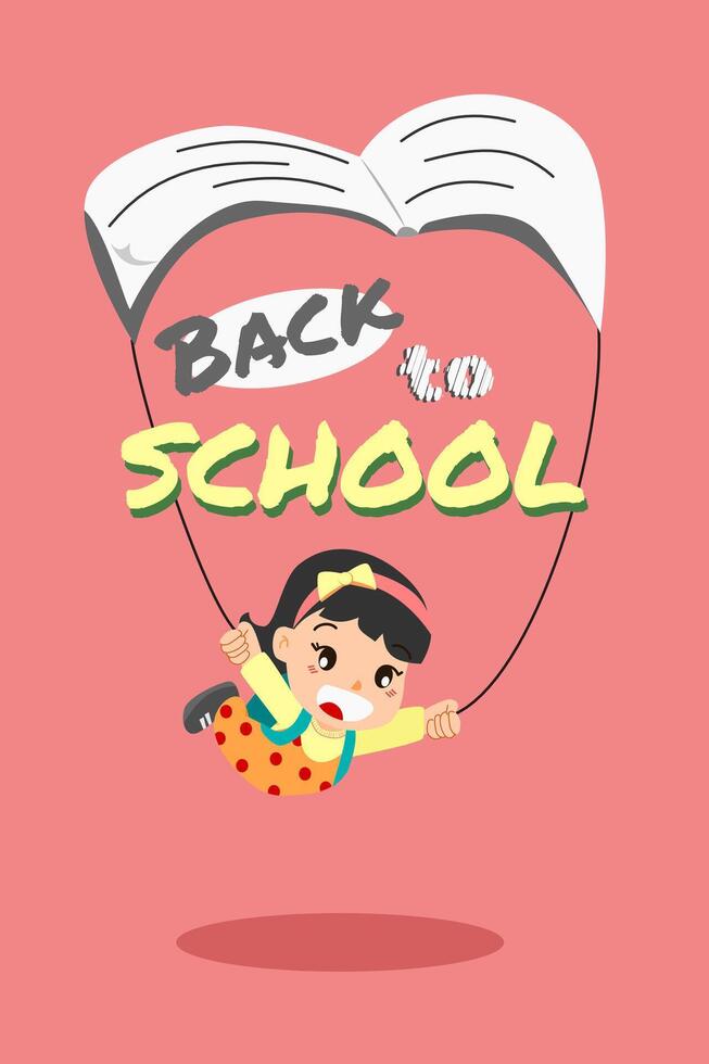 back to school poster with a girl flying through the air with book vector