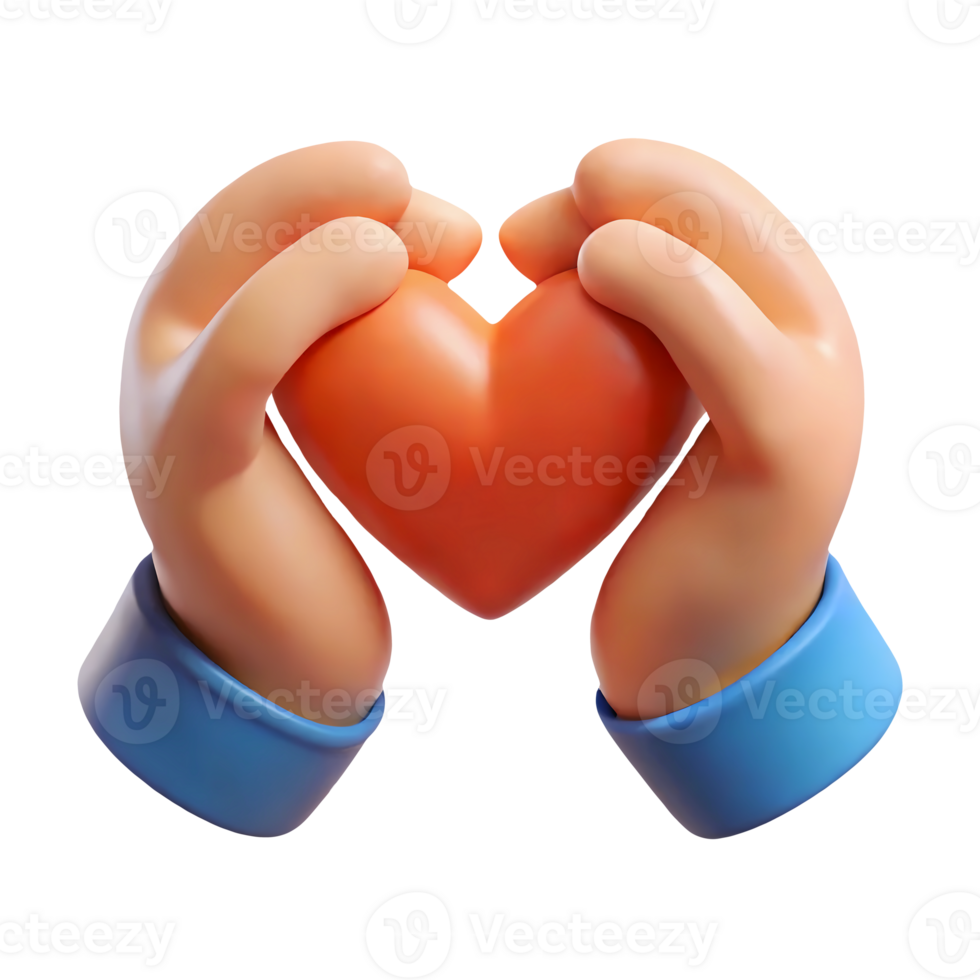 3d hands fold the shape of heart, love gesture symbol. Cartoon plastic design element isolated on background element. Social media and feedback concept png
