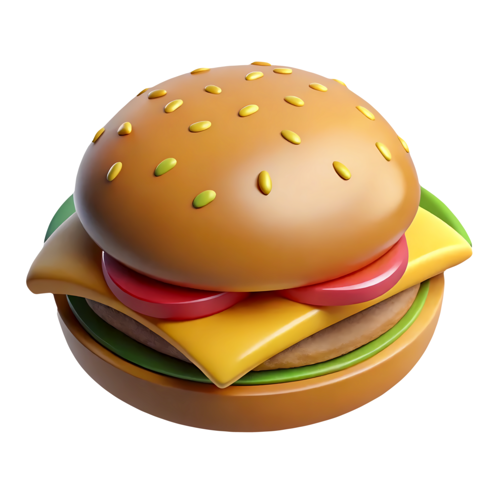 3d cartoon burger isolated on background. Tasty cheeseburger or hamburger digital illustration png