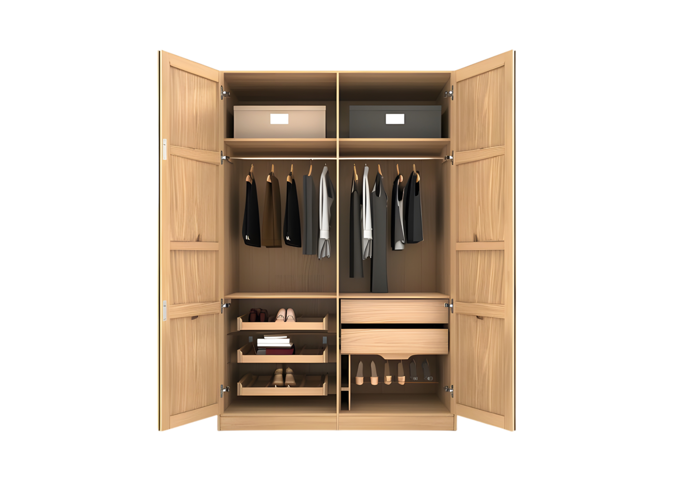 Open wooden wardrobe with clothes, shoes and boxes. Isolated on transparent background png