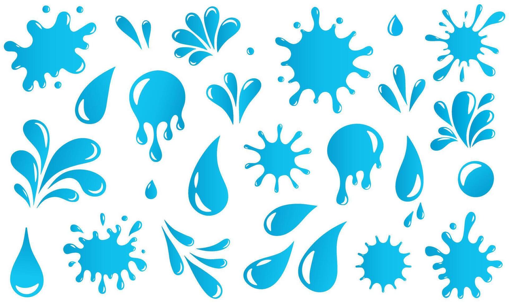 Water drops and splash silhouette set. Blue different liquid shapes collection isolated on white background. Cartoon style. vector